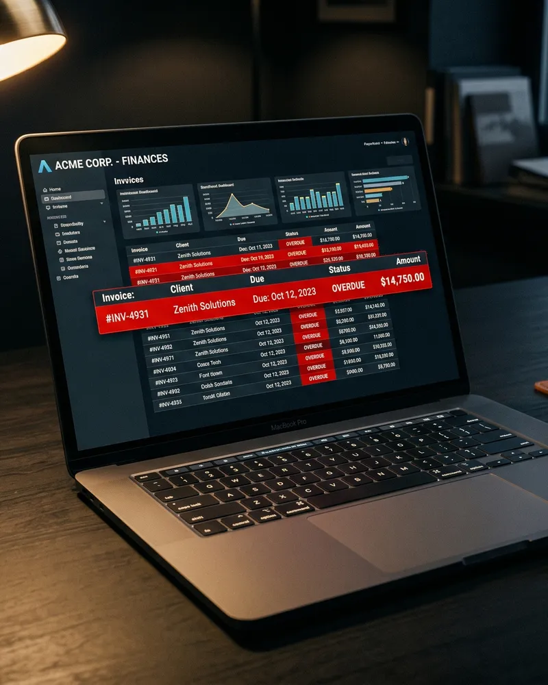 Laptop showing an overdue invoices dashboard on a dark desk