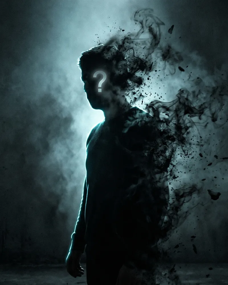Human silhouette dissolving into smoke with a question mark