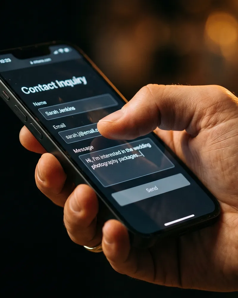 Hand holding an iPhone showing a contact inquiry form